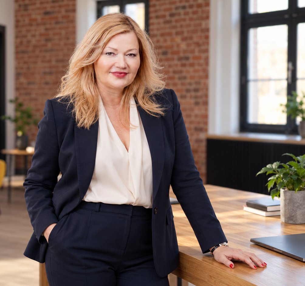 Marzena Łukowska-Chmiel, dyrektor finansowa, w biurze przy stole